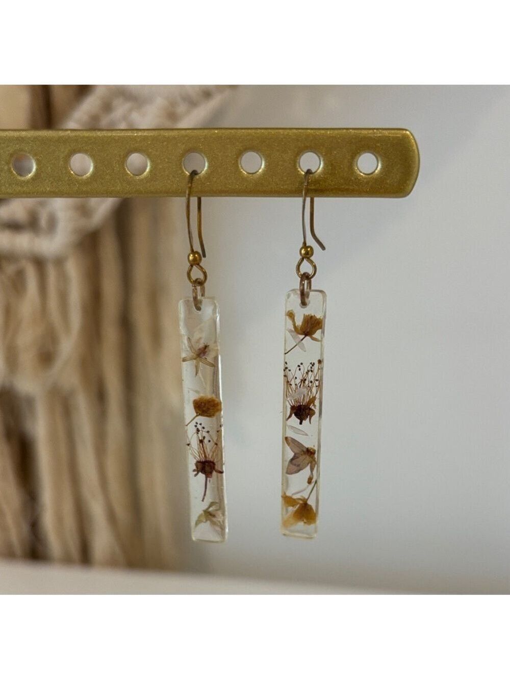 Handmade resin bar drop earrings with real pressed dried flowers gold tone hooks